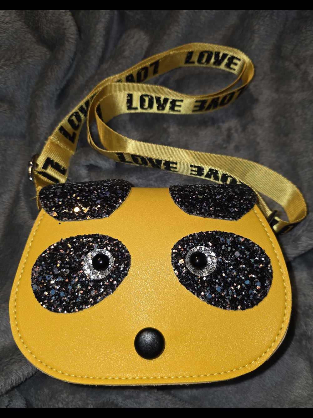 Novelty Yellow Glitter Panda Crossbody Bag - LOVE Strap